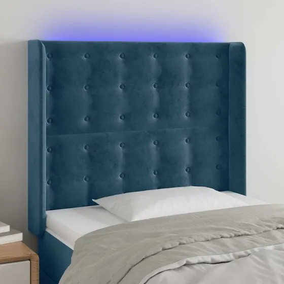 vidaXL Sengegavl med LED-lys 103x16x118/128 cm, mørkeblå fløjl
