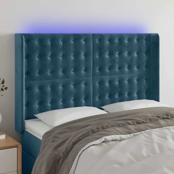 vidaXL Sengegavl med LED-lys 147x16x118/128 cm mørkeblå fløjl
