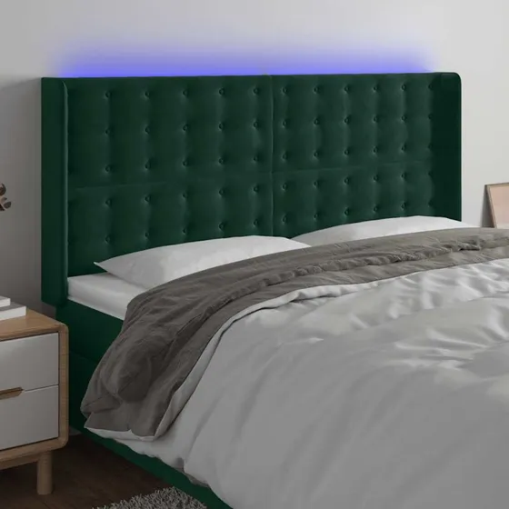vidaXL Sengegavl med LED-lys 203x16x118/128 cm mørkegrøn fløjl