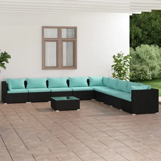 vidaXL 10-deligt loungesæt med hynder, polyrattan, sort