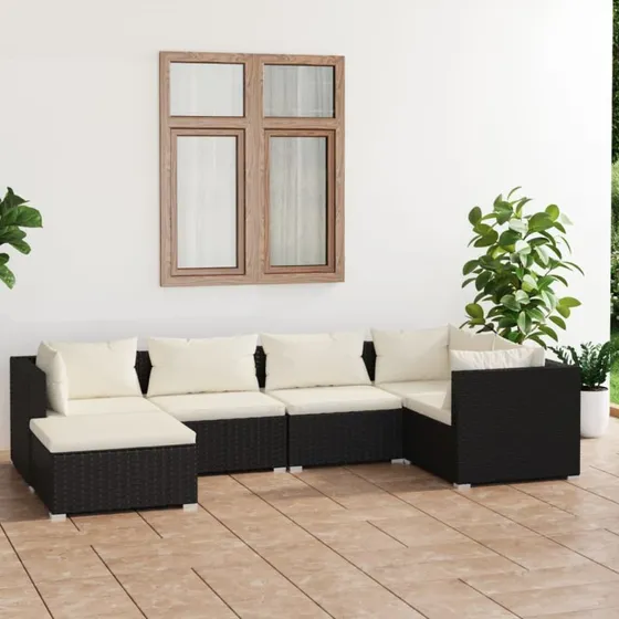 vidaXL 6-delssæt med hynder i polyrattan, sort