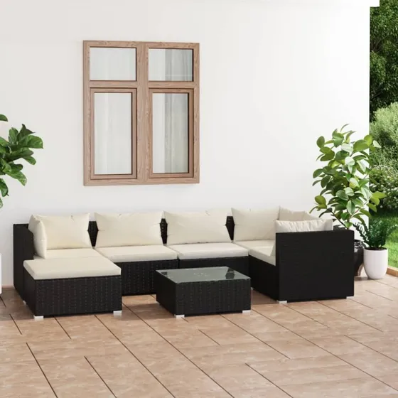 vidaXL 7-delssæt polyrattan sort med hynder