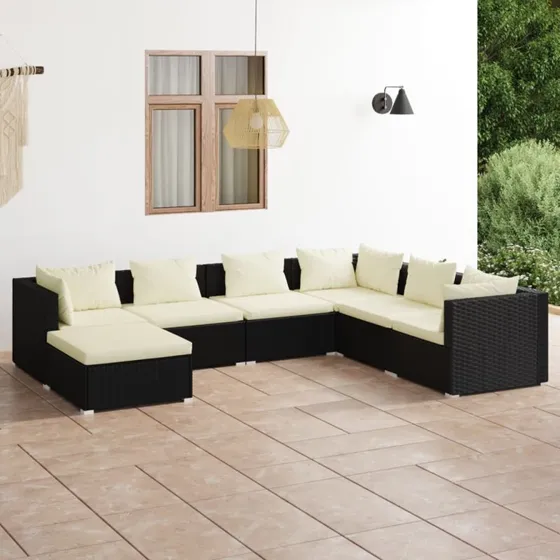 vidaXL 7-deligt loungesæt med hynder i polyrattan, sort
