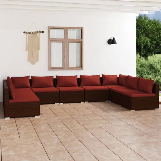 vidaXL 9-deligt loungesæt med hynder i polyrattan brun