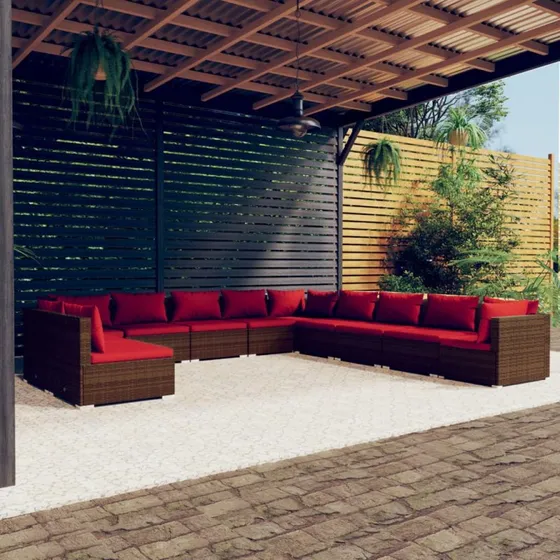 vidaXL 11-deles loungesæt med hynder i polyrattan brun