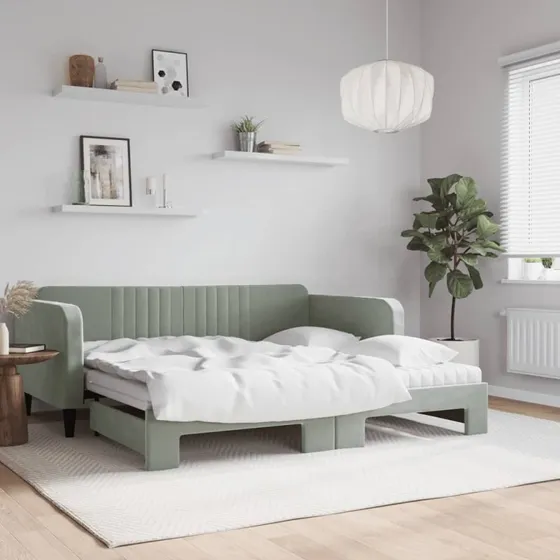 vidaXL Daybed med Udtræk og Madras 90x190 cm Lysegrå