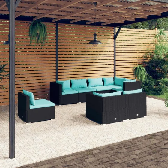 vidaXL 8-deligt loungesæt med hynder i polyrattan, sort