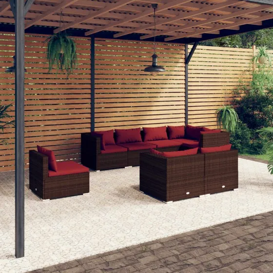 vidaXL 8-deligt loungesæt polyrattan brun med hynder