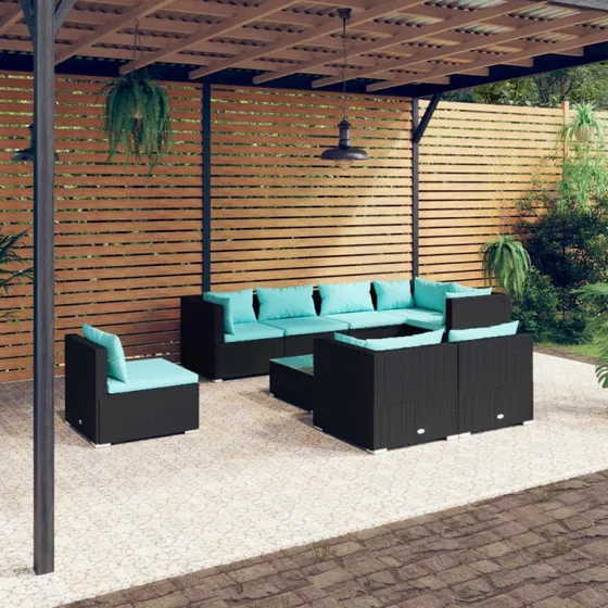 vidaXL 9-deligt loungesæt med hynder i polyrattan, sort