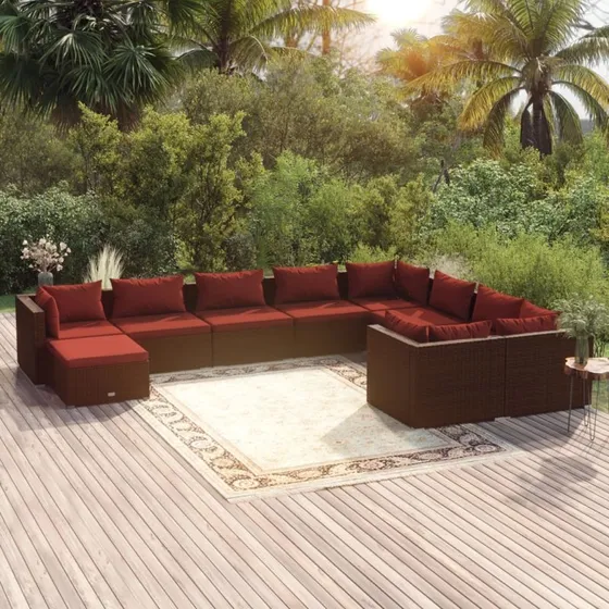 vidaXL 10-deligt loungesæt med hynder i polyrattan brun