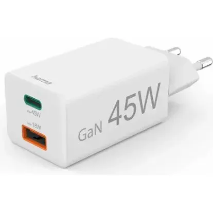 Hama GaN 45W oplader 1x USB-C + 1x USB-A, hvid
