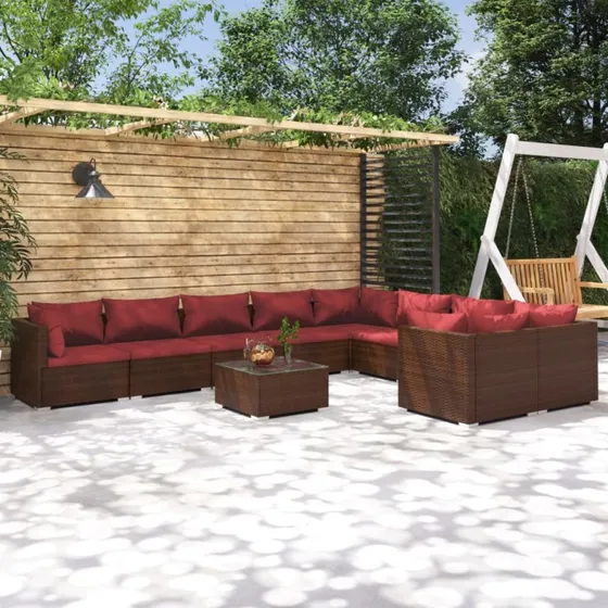 vidaXL 10-deligt loungesæt med hynder i polyrattan brun