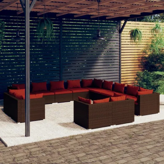 vidaXL 13-deligt loungesæt med hynder i polyrattan brun