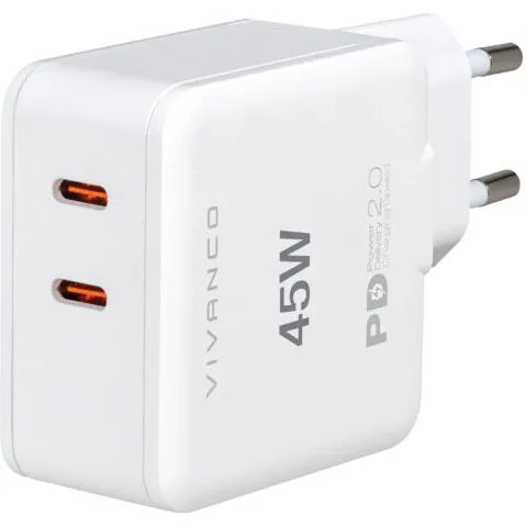 Vivanco 45W PD Dual USB-C Vægoplader, Hvid