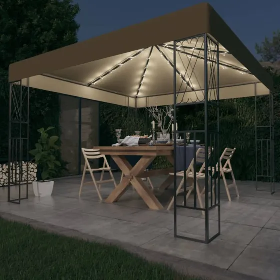 vidaXL Pavillon 3x3 m med LED-lyskæder, gråbrun