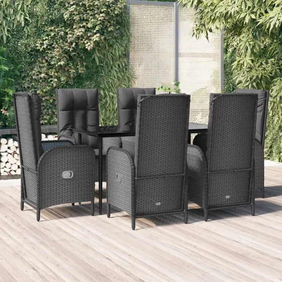 vidaXL 7-delers spisebordssæt med polyrattan, sort, 140 cm