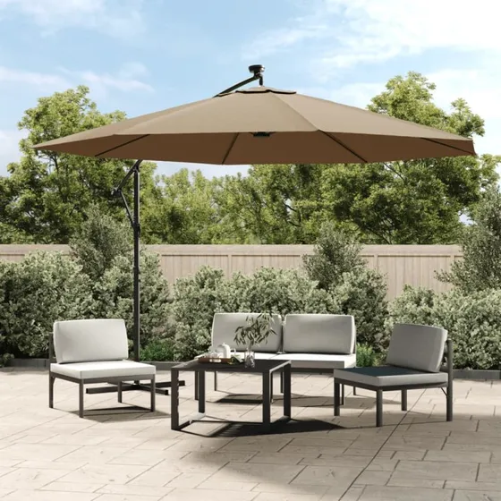 vidaXL Hængeparasol 350 cm gråbrun med LED-lys og metalstang