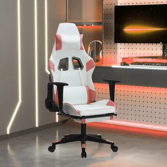 vidaXL Gamingstol med massage og fodstøtte, hvid og lyserød
