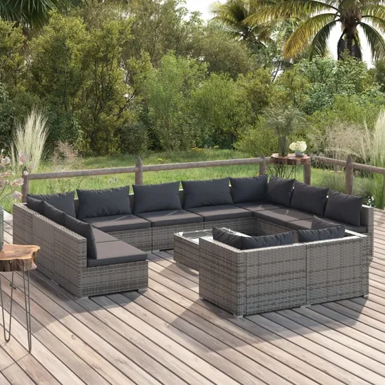 vidaXL 12-deligt loungesæt med hynder, polyrattan grå