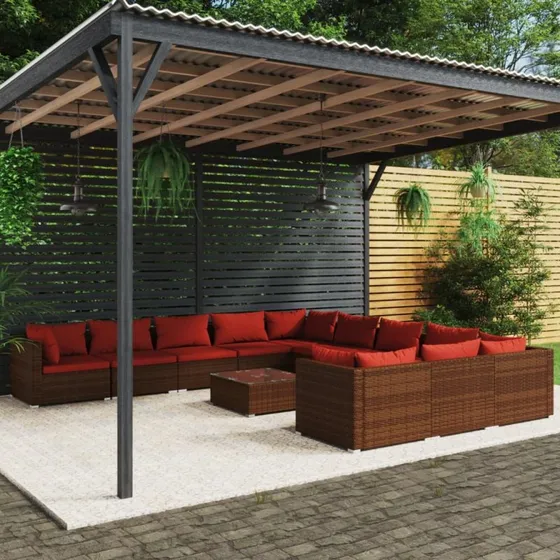 vidaXL 12-deligt loungesæt polyrattan brun med hynder