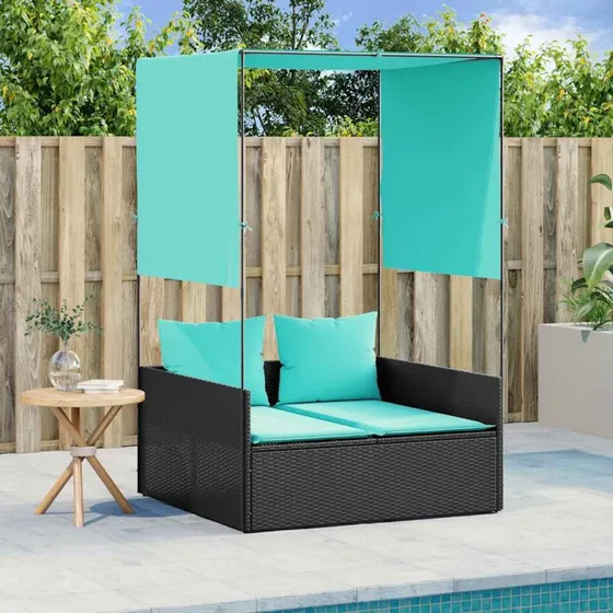 vidaXL Dobbelt Liggestol med Tag og Gardiner, Sort Polyrattan