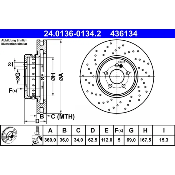 ATE Bremseskive 24.0136-0134.2 for Mercedes-Benz & BMW