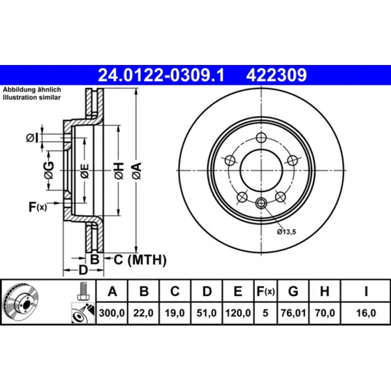 ATE Bremseskive 24.0122-0309.1, ventileret, 300 mm, til VW Amarok & Crafter