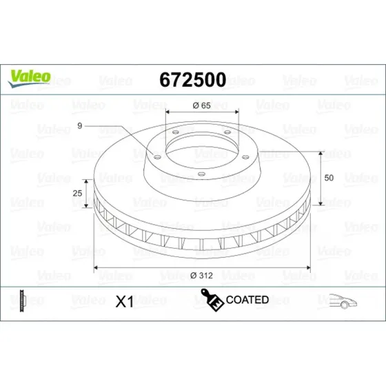 VALEO Bremseskive 672500, ventileret, coatet, 312 mm