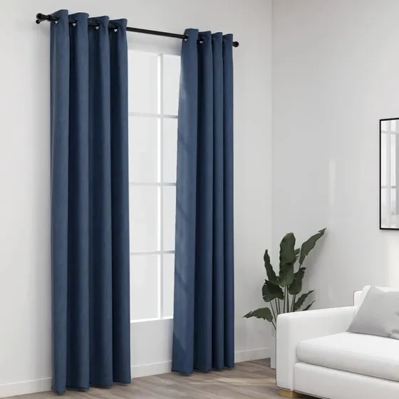 vidaXL Mørklægningsgardiner med Øjer 140x245 cm Blå Hør-look
