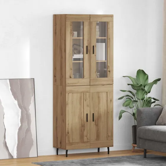 vidaXL Artisan Egetræ Højskænk 2 stk, Konstrueret Træ med Glas