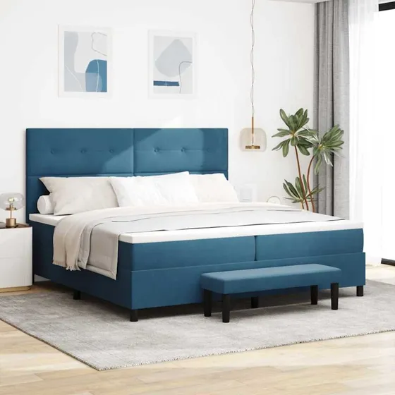 vidaXL Boxspring seng med madras, mørkeblå 200x200 cm, fløjl