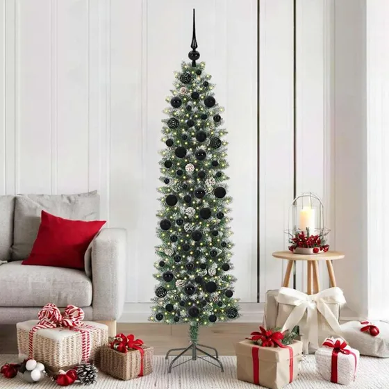 vidaXL Kunstigt Slankt Juletræ 180 cm med 300 LED'er Grøn og Hvid