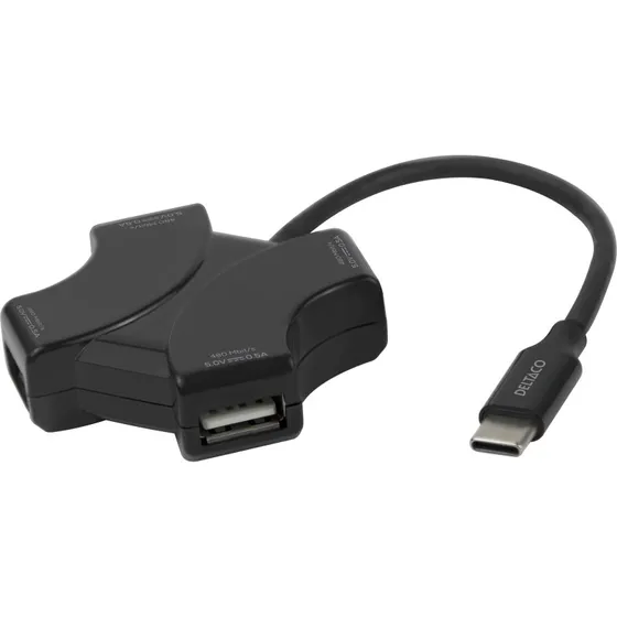 Deltaco USB-C 4-port Hub, Sort