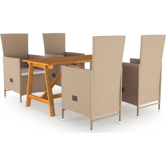 vidaXL spisebordssæt 5 dele beige akacietræ med polyrattanstole