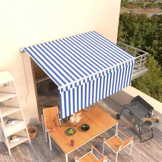 vidaXL Markise 3x2,5 m med Gardin, Blå og Hvid, Manuel Betjening