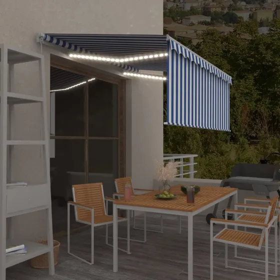 vidaXL Markise 3,5x2,5 m med Gardin + LED, blå/hvid, manuel