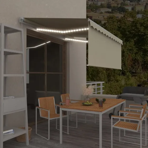 vidaXL Markise 3,5x2,5 m med Gardin + LED, cremefarvet, manuel betjening