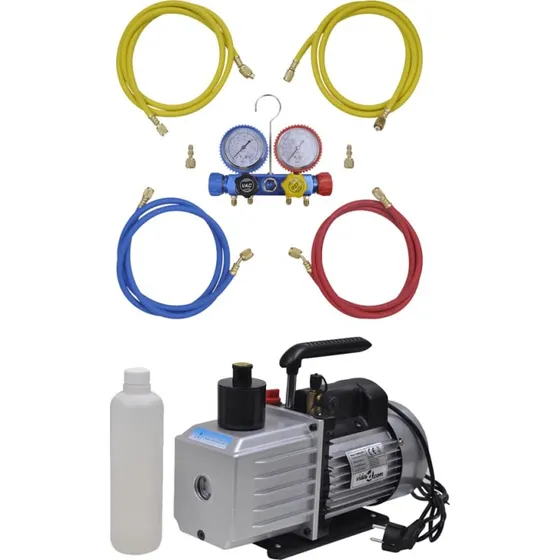 vidaXL Vakuumpumpe 100 l/min. med 4-vejs trykmålersæt og manifold