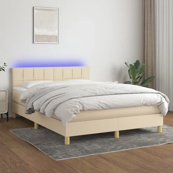 vidaXL Kontinentalseng med LED-lys 140x190 cm cremefarvet
