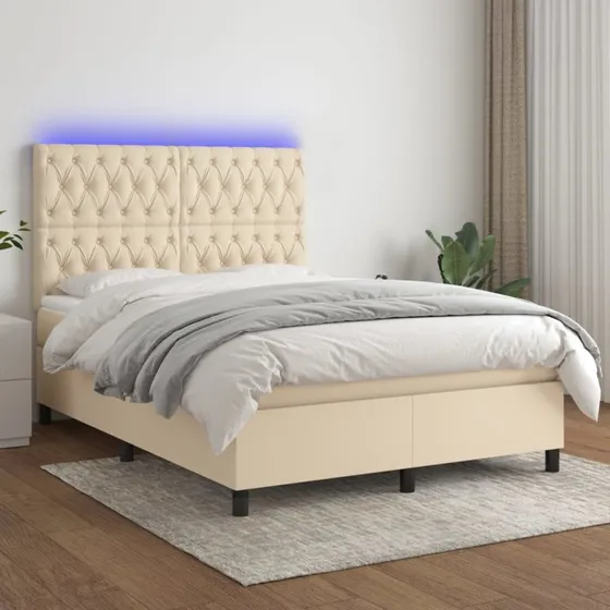 vidaXL Kontinentalseng 140x190 cm Creme med LED-lys og justerbar sengegavl