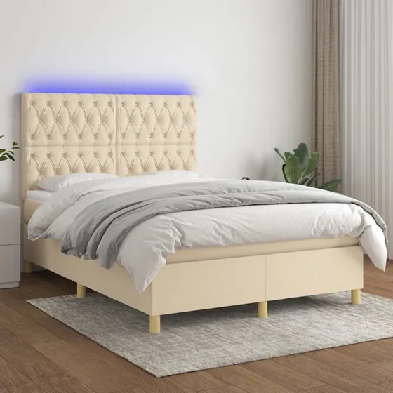 vidaXL Kontinentalseng med LED-lys 140x190 cm cremefarvet