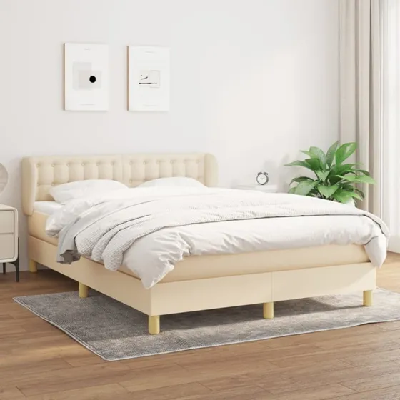vidaXL Kontinentalseng 140x190 cm stof cremefarvet med justerbar gavl og pocketfjedremadras