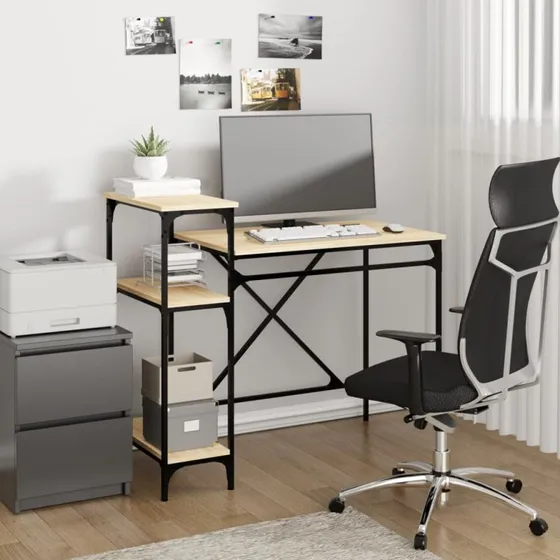 vidaXL Skrivebord m. Hylder 105x50x90cm Konstrueret Træ Jern Sonoma-Eg