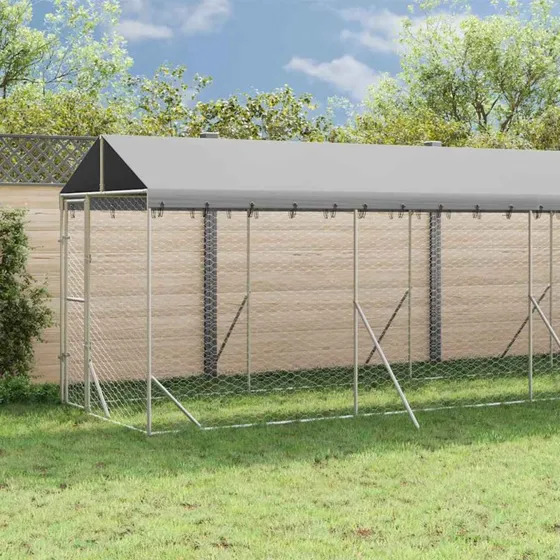 vidaXL Udendørs Hundegård 2x14x2,5 m med Tag, Galvaniseret Stål, Sølv