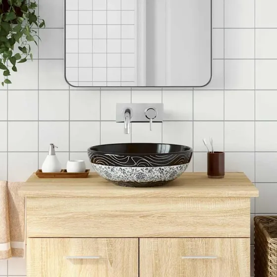 vidaXL Håndvask til bordplade 41x14 cm, rund keramik sort og blå
