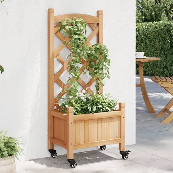 vidaXL Plantekasse med Espalier og Hjul, Massivt Grantræ, Brun, 40 x 30 x 97,5 cm
