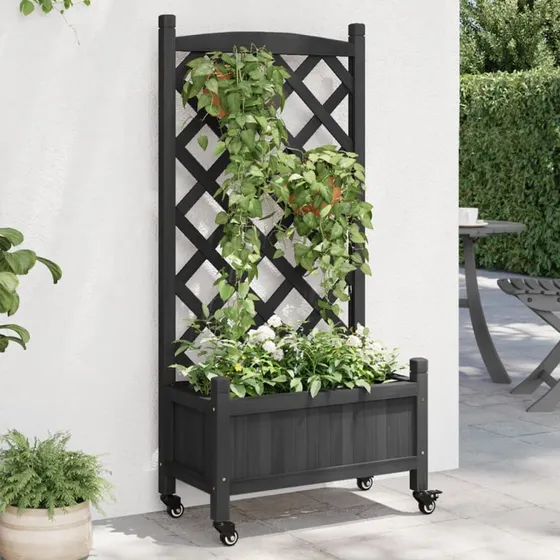 vidaXL plantekasse med espalier og hjul, massivt grantræ, sort, 55 x 29,5 x 117,5 cm