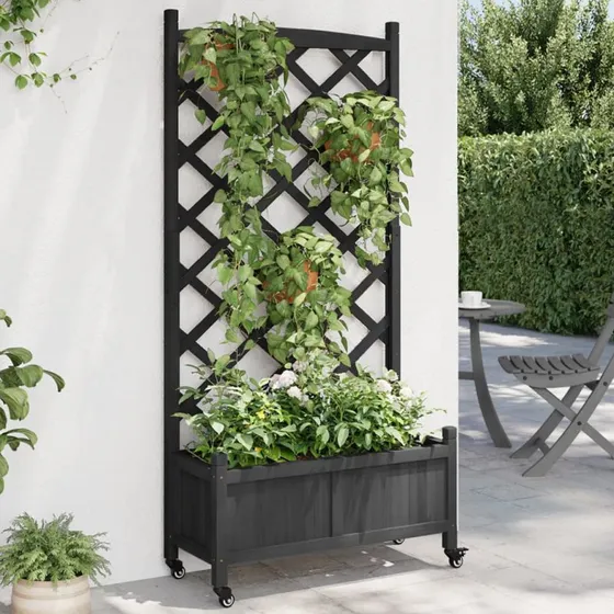 vidaXL Plantekasse med Espalier og Hjul, Sort, 75 x 35 x 157,5 cm