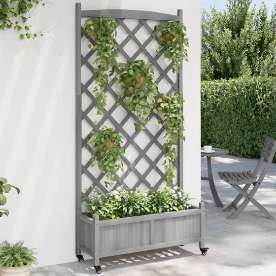 vidaXL Plantekasse med Espalier og Hjul, Grå, Massivt Fyrretræ