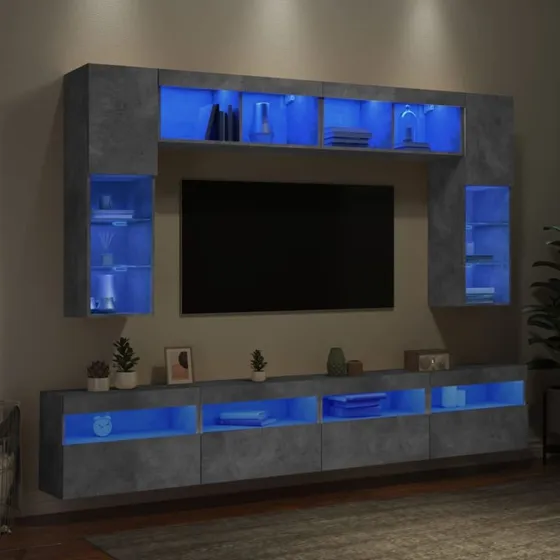 vidaXL Væghængt TV-møbel 8 dele, betongrå med LED-lys